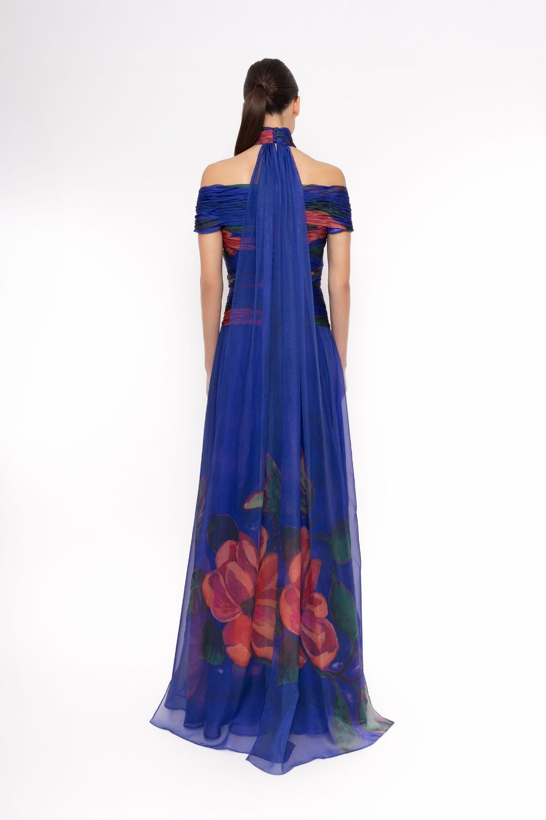 CARLA RUIZ - ABITO LUNGO ELEGANTE IN CHIFFON BLU CON STAMPA FLOREALE