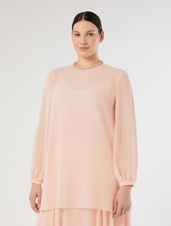 MARINA RINALDI - BLUSA IN GEORGETTE CON RICAMO - ROSA