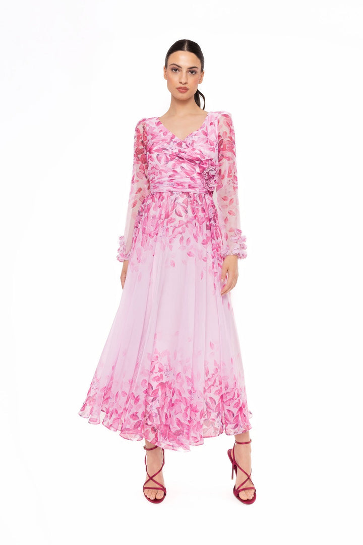 CARLA RUIZ - ABITO LUNGO FLOREALE ROSA IN CHIFFON CON MANICHE TRASPARENTI