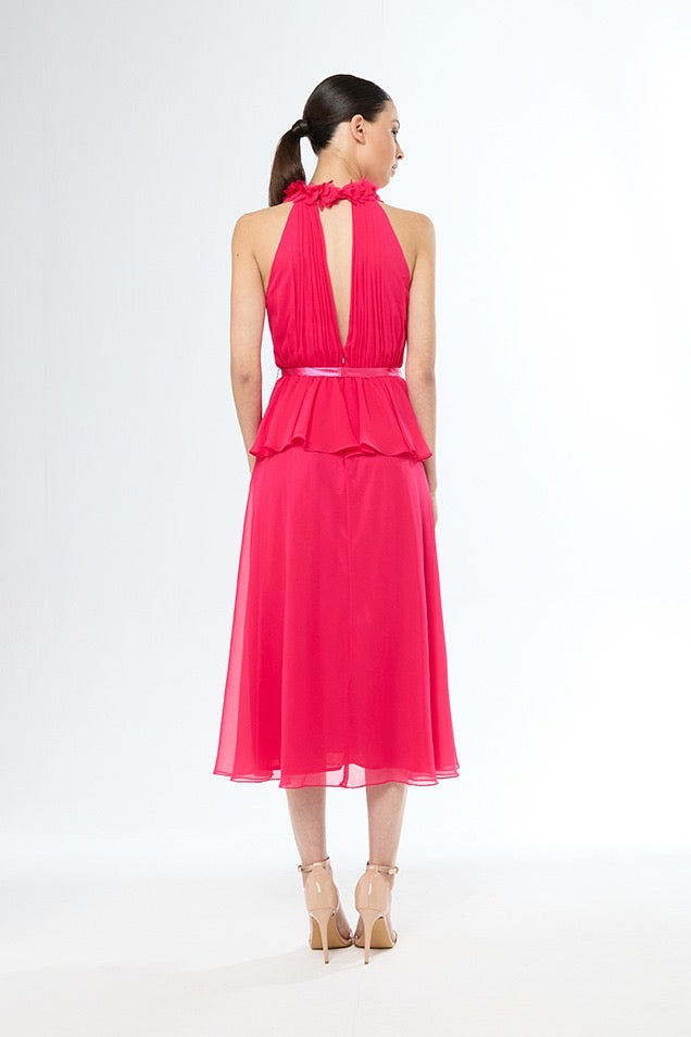 CARLA RUIZ - ABITO MIDI IN GEORGETTE GIRO ALL’AMERICANA CON DELICATI FIORI IN TESSUTO APPLICATI INTORNO AL COLLO