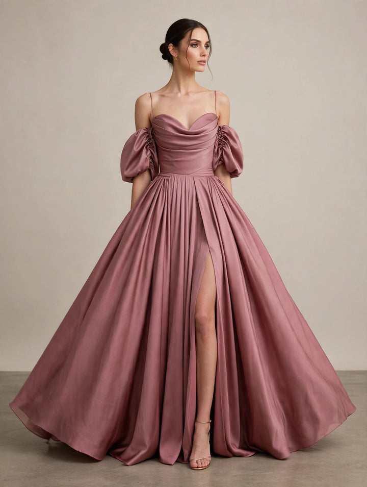 VIVIEN LUXURY - ABITO LUNGO IN RASO CON MANICHE OFF-SHOULDER