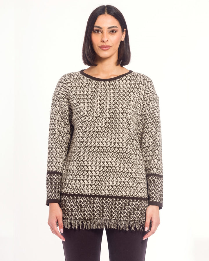 GAIA LIFE - MAGLIA DISPONIBILE CON STAMPA GEOMETRICA MARRONE O NERA SU FONDO BEIGE