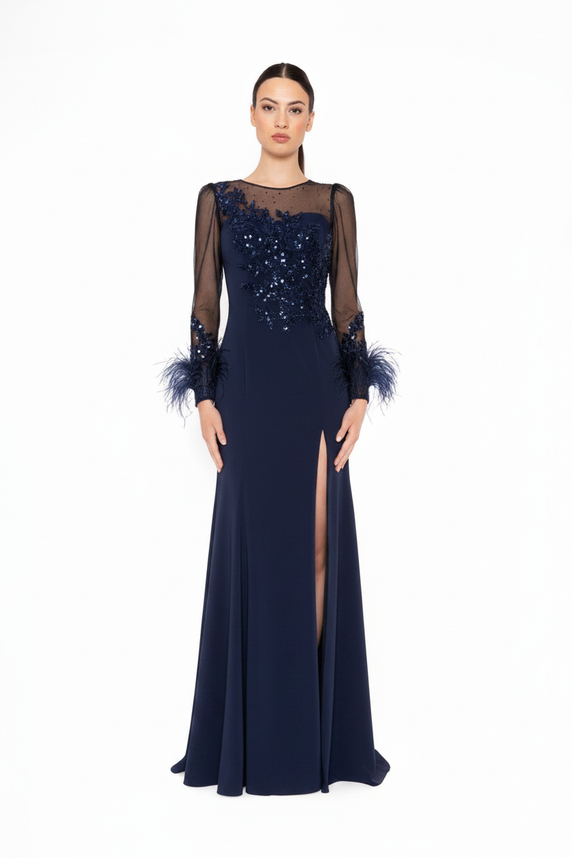CARLA RUIZ - ABITO LUNGO ELEGANTE CON RICAMI E MANICHE IN TULLE