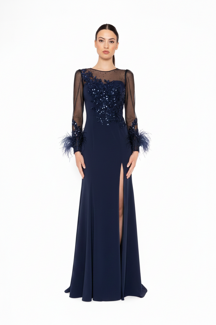 CARLA RUIZ - ABITO LUNGO ELEGANTE CON RICAMI E MANICHE IN TULLE
