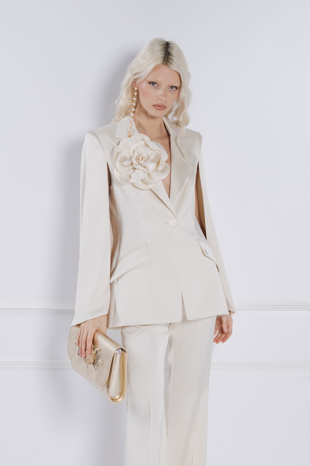 BABYLON - GIACCA BLAZER AVORIO CON MAXI FIORE