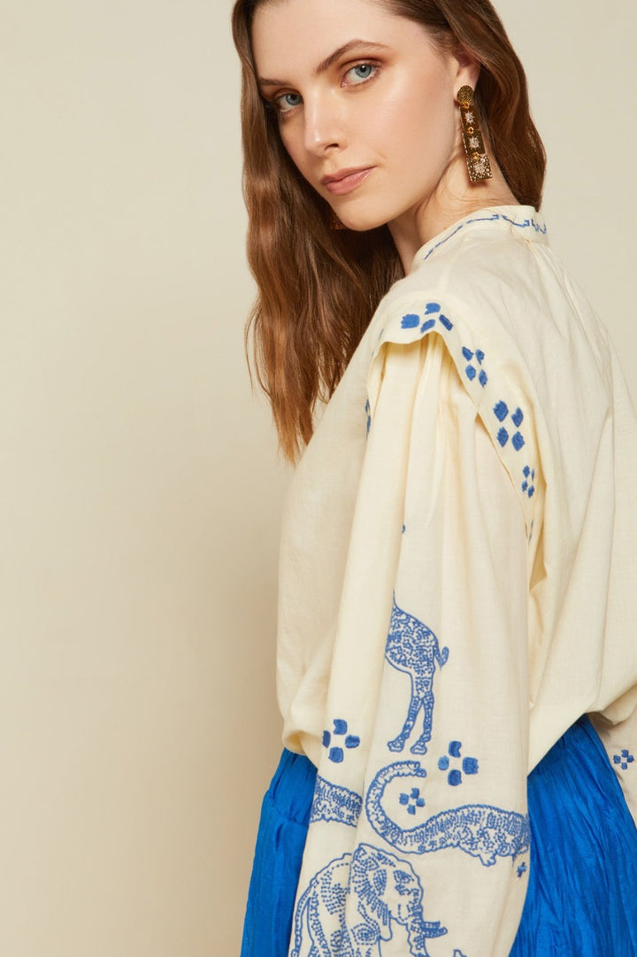 OTTO D’AME - CAMICIA IN PURO COTONE CON COLLO COREANO E RICAMI.