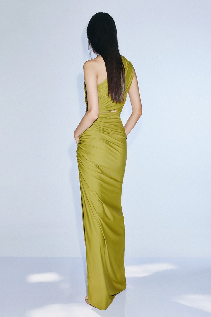 TWINS - ABITO LUNGO MONOSPALLA VERDE OLIVA CON DETTAGLIO CUT-OUT