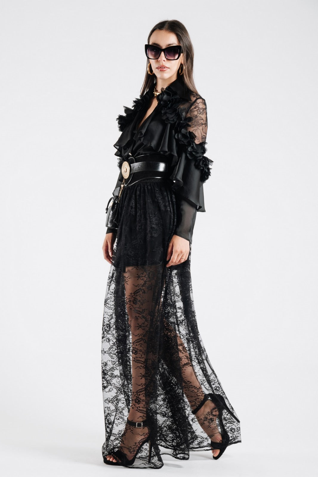 BABYLON - CAMICIA IN RASO CON MANICHE LUNGHE, ROUCHES, PIZZO E BOTTONI METALLICI DORATI