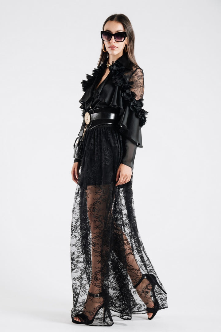 BABYLON - CAMICIA IN RASO CON MANICHE LUNGHE, ROUCHES, PIZZO E BOTTONI METALLICI DORATI