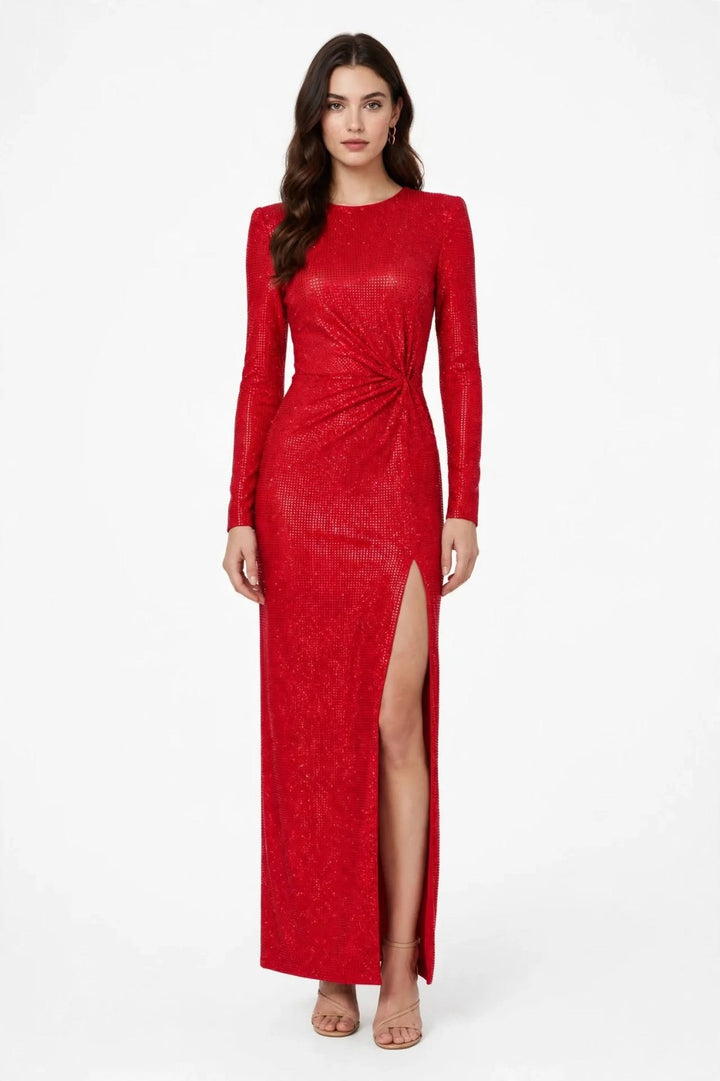 TWENTYFOURHAITCH - VESTITO LUNGO MANICA LUNGA IN JERSEY COMPLETAMENTE RIVESTITO DI STRASS