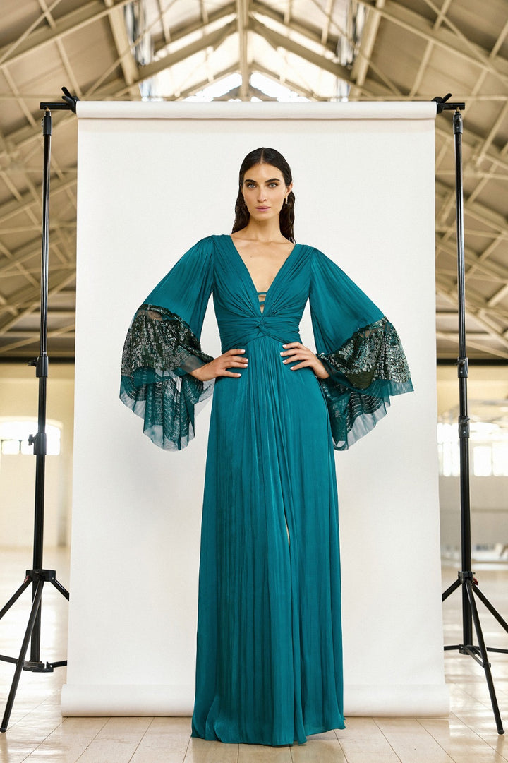 MAESTRI - ABITO LUNGO IN CHIFFON CON MANICHE A FARFALLA E DETTAGLI SCINTILLANTI