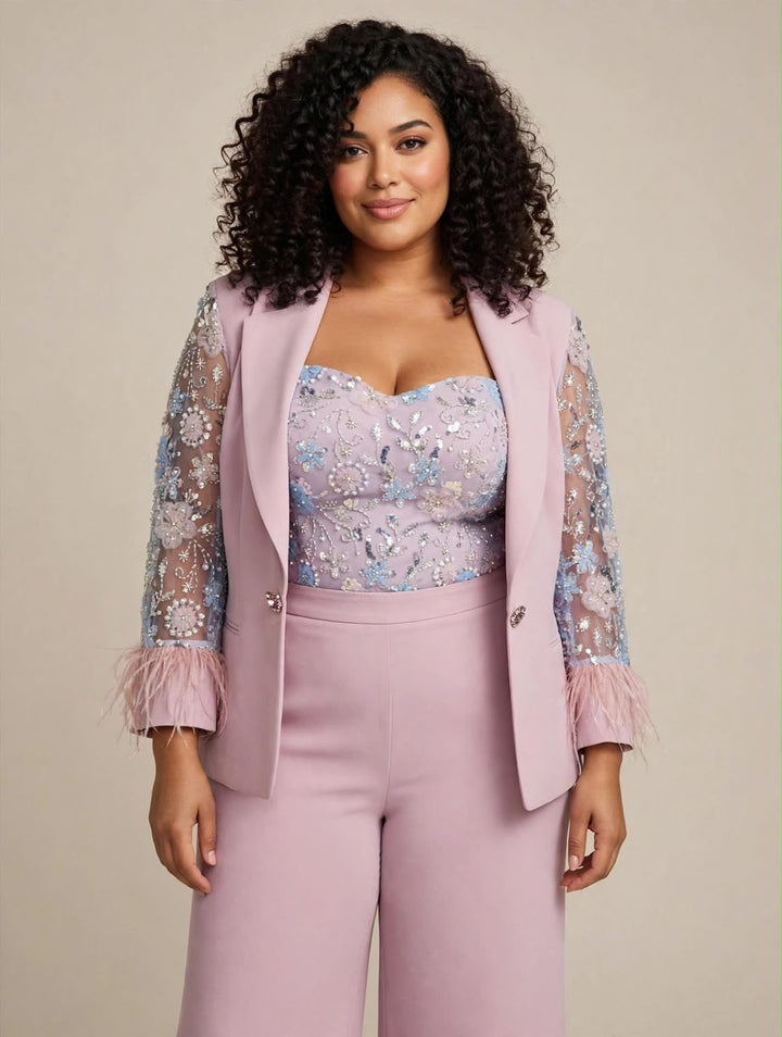 LE DONNE DI... - TAILLEUR TRE PEZZI CON BLAZER IN TULLE RICAMATO CON PAILLETTES E PIUME E PANTALONE WIDE-LEG