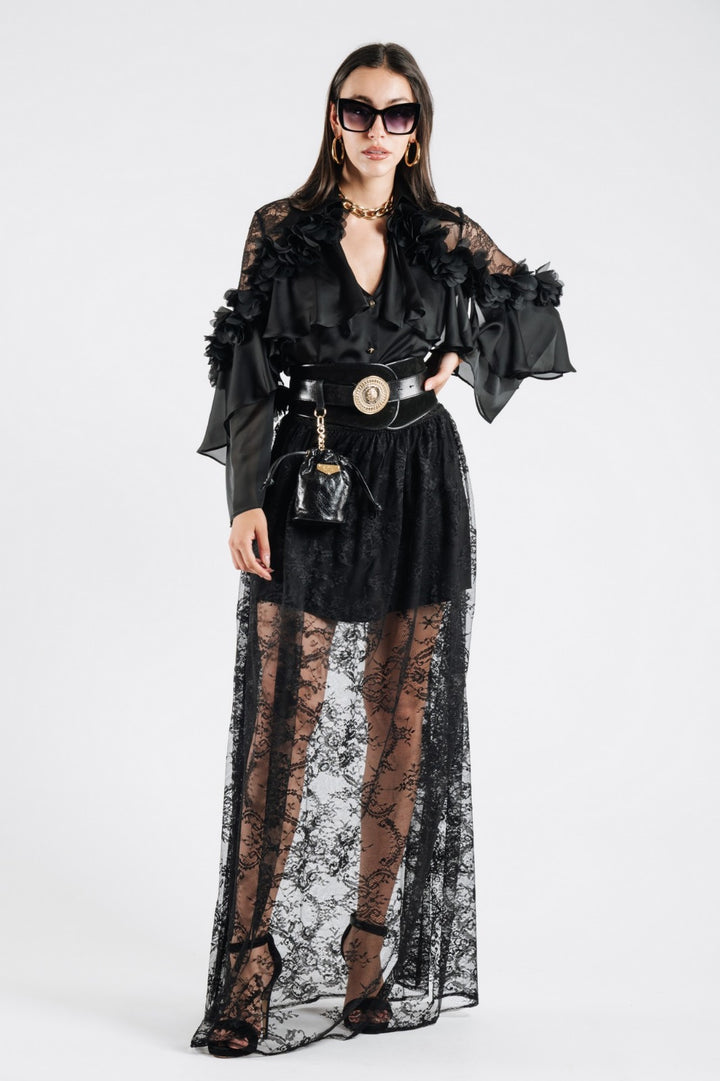 BABYLON - CAMICIA IN RASO CON MANICHE LUNGHE, ROUCHES, PIZZO E BOTTONI METALLICI DORATI