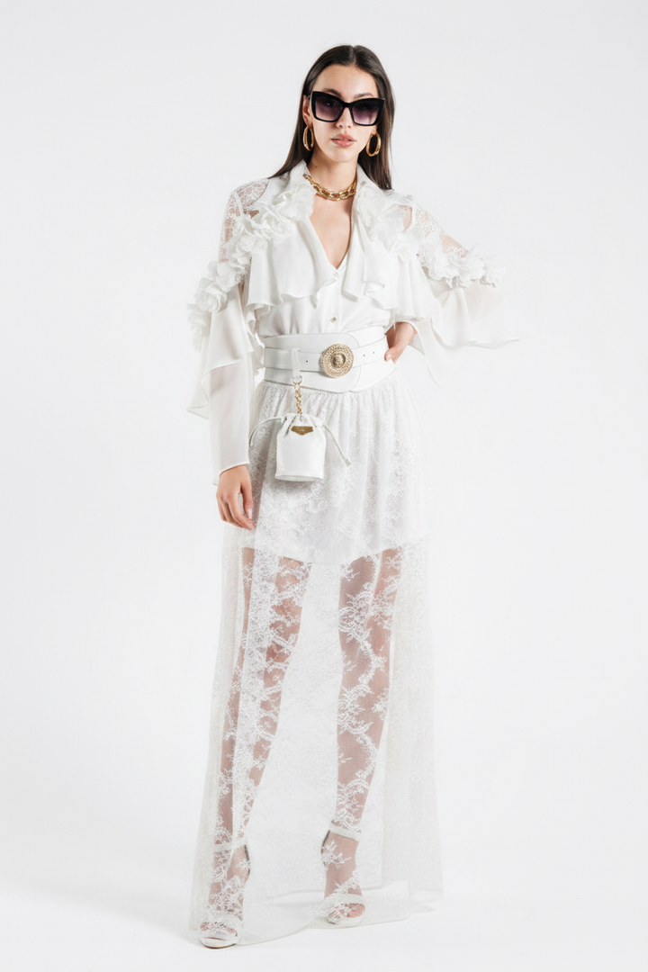 BABYLON - CAMICIA IN RASO CON MANICHE LUNGHE, ROUCHES, PIZZO E BOTTONI METALLICI DORATI