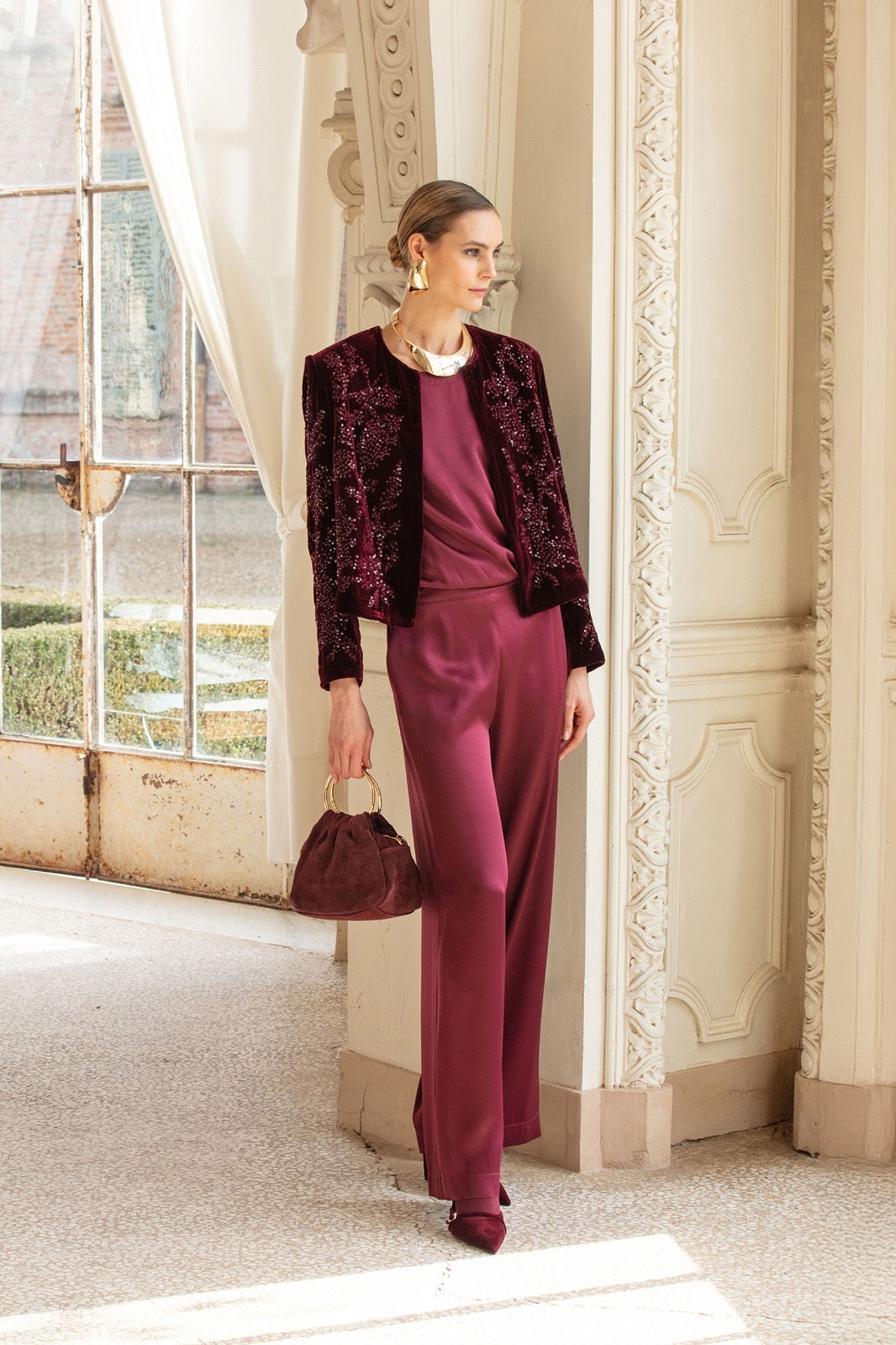 PANTALONE PALAZZO SATIN BORDEAUX