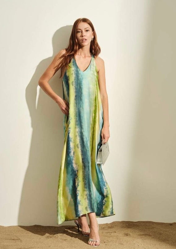 JIJIL - ABITO LUNGO CON STAMPA TIE-DYE CON STRIATURE VERTICALI NEI TONI DEL VERDE LIME, ACQUAMARINA E BLU INSO