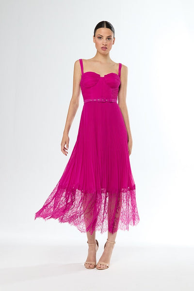 Carla Ruiz - Abito da Cerimonia Fucsia  - Abito Bustier Midi Plissé con Pizzo