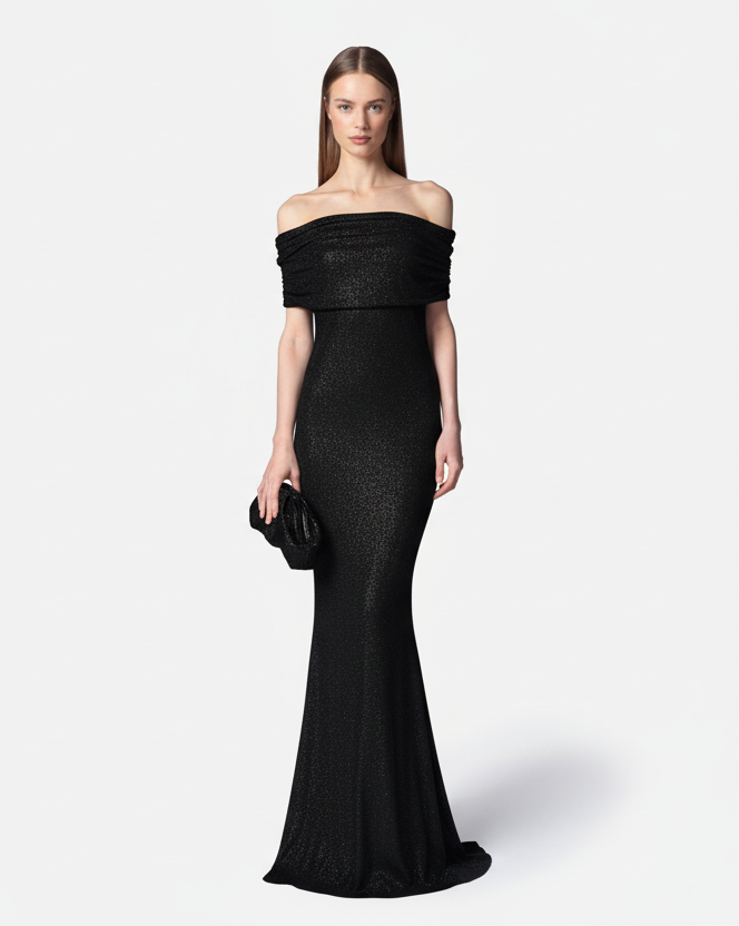 TWENTYFOURHAITCH - ABITO LUNGO KEY IN TULLE ELASTICO RICOPERTO DA MICRO STRASS