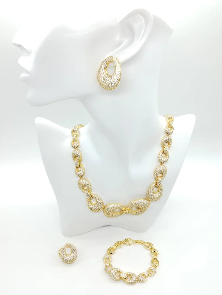 Parure di zirconi crystal composta da collana, orecchini e bracciale con rodiatura in oro