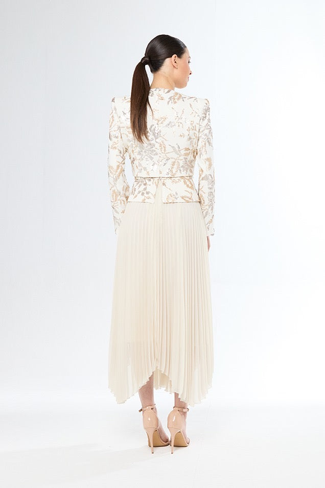 Carla Ruiz - Abito midi avorio con giacca jacquard ricamata