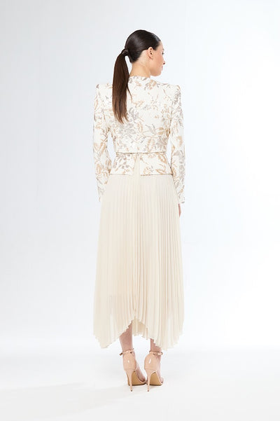 Carla Ruiz - Abito midi avorio con giacca jacquard ricamata