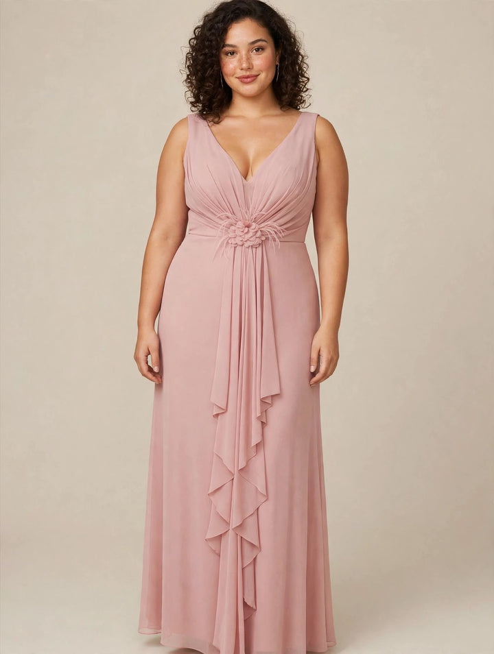 VIVIEN LUXURY - ABITO LUNGO IN CHIFFON CON CORPINO DRAPPEGGIATO E FIORE 3D ALLA VITA