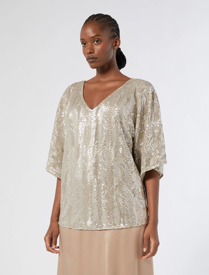 MARINA RINALDI - BLUSA IN PAILLETTES A DISEGNO ONDE, DALLA LINEA MORBIDA
