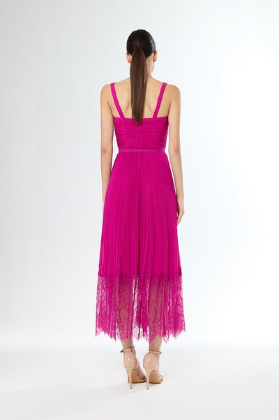 Carla Ruiz - Abito da Cerimonia Fucsia  - Abito Bustier Midi Plissé con Pizzo