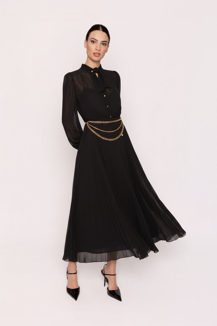 CARLA RUIZ - TEN - ABITO MIDI IN CHIFFON SEMITRASPARENTE CON CORPINO A CAMICIA ABBOTTONATO CON BOTTONI GIOIELLO IN METALLO DORATO