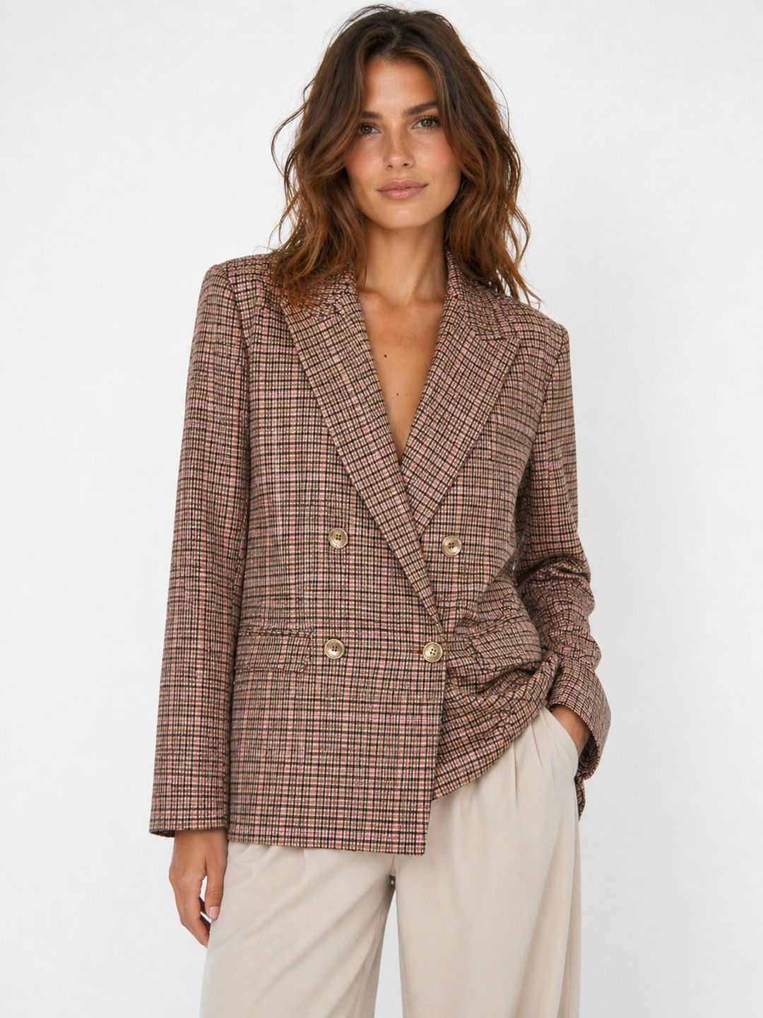 ODI ET AMO - GIACCA DAL TAGLIO SARTORIALE IN RAFFINATA FANTASIA CHECK NEI TONI DEL BEIGE E ROSA