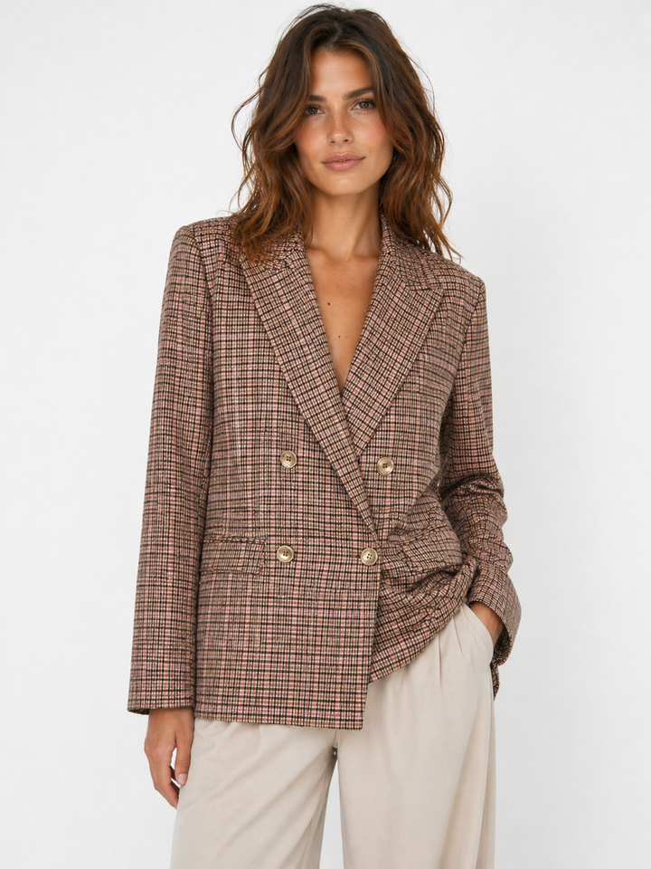 ODI ET AMO - GIACCA DAL TAGLIO SARTORIALE IN RAFFINATA FANTASIA CHECK NEI TONI DEL BEIGE E ROSA