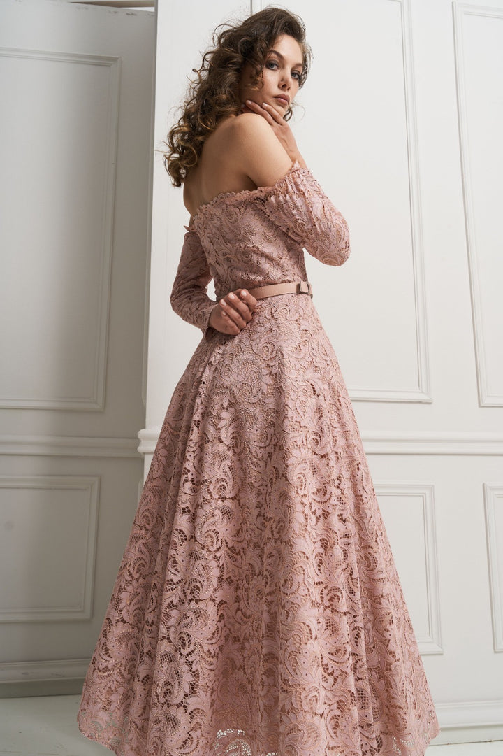 MISCHALIS - ABITO MIDI IN PIZZO CON SCOLLO A CUORE E MANICHE OFF-SHOULDER