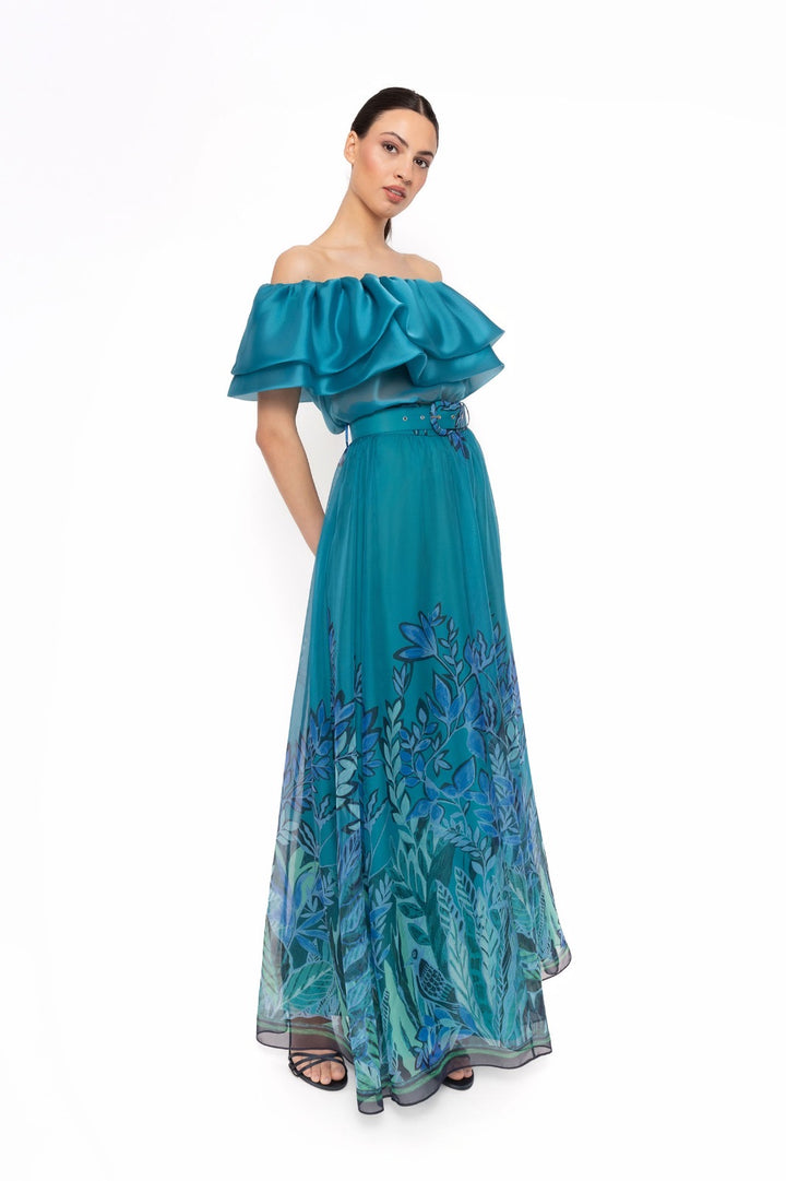 CARLA RUIZ - COMPLETO ELEGANTE OFF-SHOULDER CON GONNA LUNGA FLOREALE
