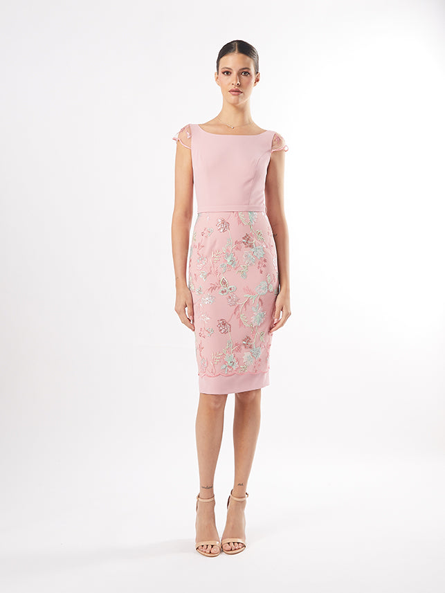 CARLA RUIZ - ABITO MIDI A TUBINO IN CADY CON GONNA DI MERLETTO