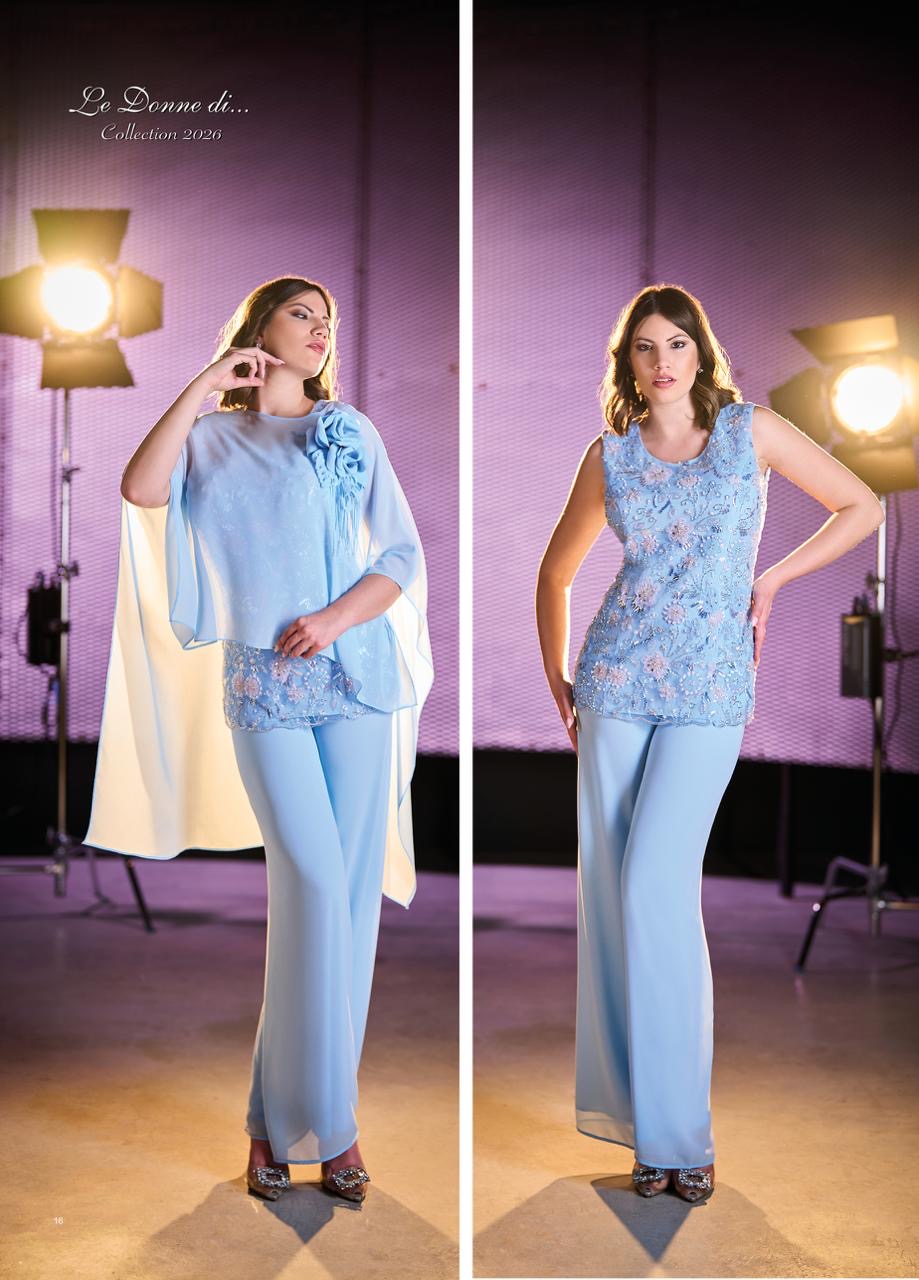 LE DONNE DI... - COMPLETO ELEGANTE CELESTE CON PANTALONE E BLUSA RICAMATA