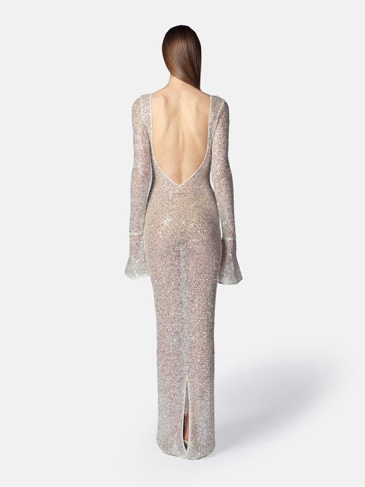 TWENTYFOURHAITCH - ABITO LUNGO NEW TEXAS LINEA SIRENA INTERAMENTE IN TULLE ELASTICO RICOPERTO DA MICRO STRASS, MANICA LUNGA CON BALZA E SCOLLO