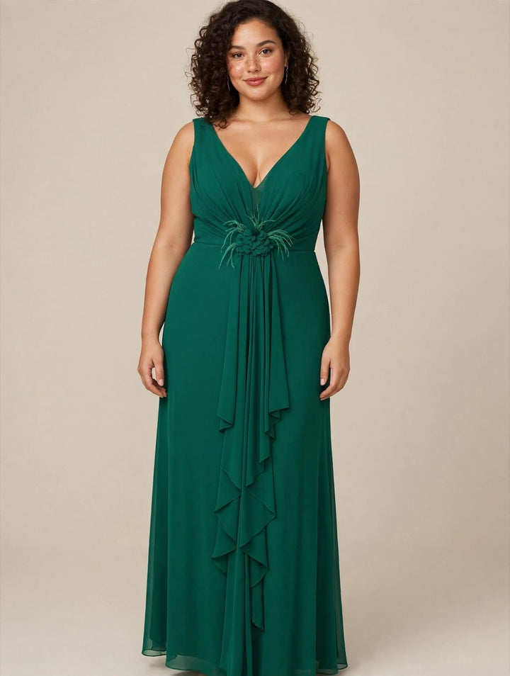 VIVIEN LUXURY - ABITO LUNGO IN CHIFFON CON CORPINO DRAPPEGGIATO E FIORE 3D ALLA VITA
