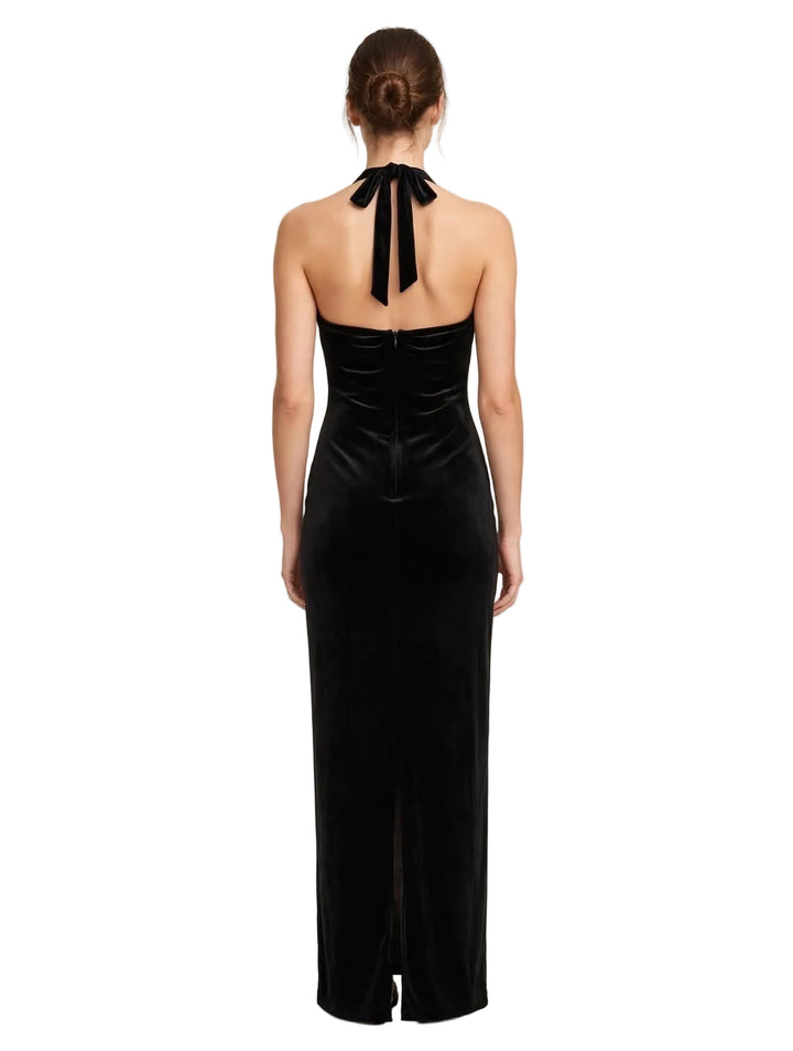 ABITO LUNGO IN VELLUTO CON SCOLLO HALTER E FIOCCO