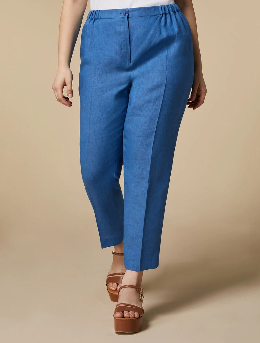 MARINA RINALDI - PANTALONI IN PURO LINO ,DALLA LINEA A SIGARETTA,CON INSERTO ELASTICO AI FIANCHI