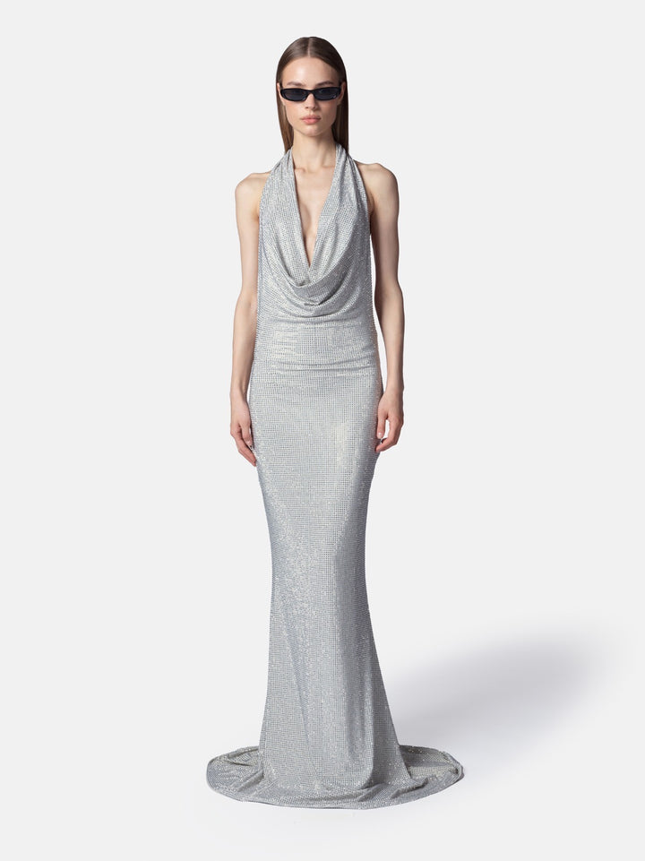 TWENTYFOURHAITCH - ABITO LUNGO IN MATERIALE JERSEY ARGENTO, LINEA SIRENA, SCOLLO COLLANA SUL DAVANTI DRAPPEGGIATO, SCOLLO DIETRO PROFONDO
