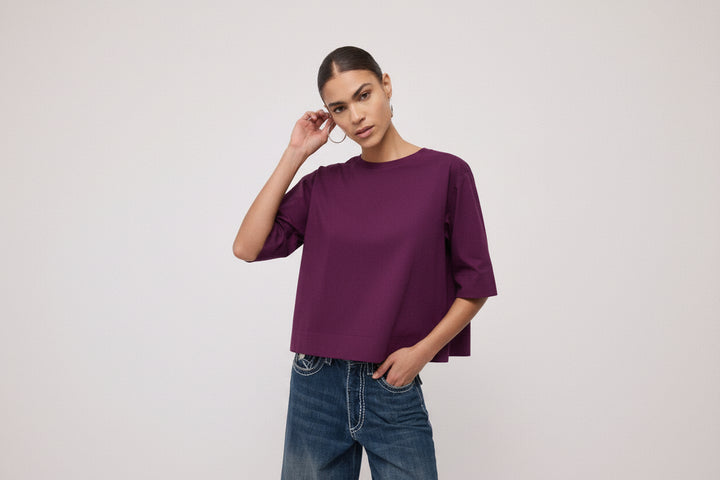 OTTO D’AME - BLUSA IN POPELINE DI COTONE CON LINEA AMPIA, MEZZE MANICHE E APERTURA SUL RETRO