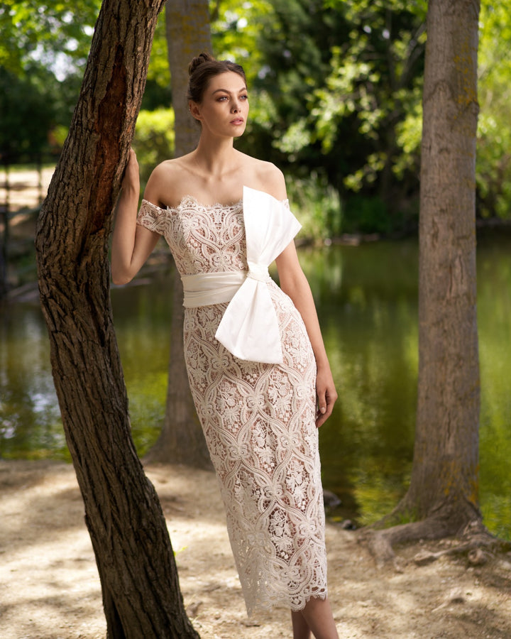 MY ANGELS - ABITO MIDI IN PIZZO OFF-SHOULDER CON FIOCCO SCULTOREO