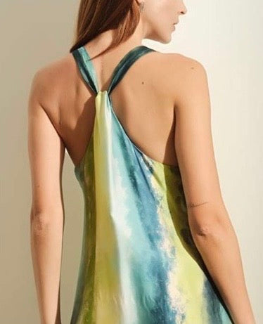JIJIL - ABITO LUNGO CON STAMPA TIE-DYE CON STRIATURE VERTICALI NEI TONI DEL VERDE LIME, ACQUAMARINA E BLU INSO