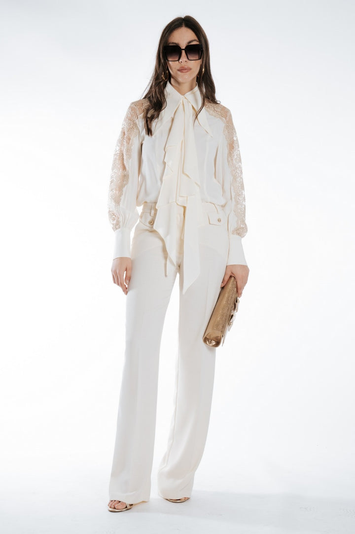 BABYLON - CAMICIA ELEGANTE CON DETTAGLI IN PIZZO E FIOCCO – AVORIO