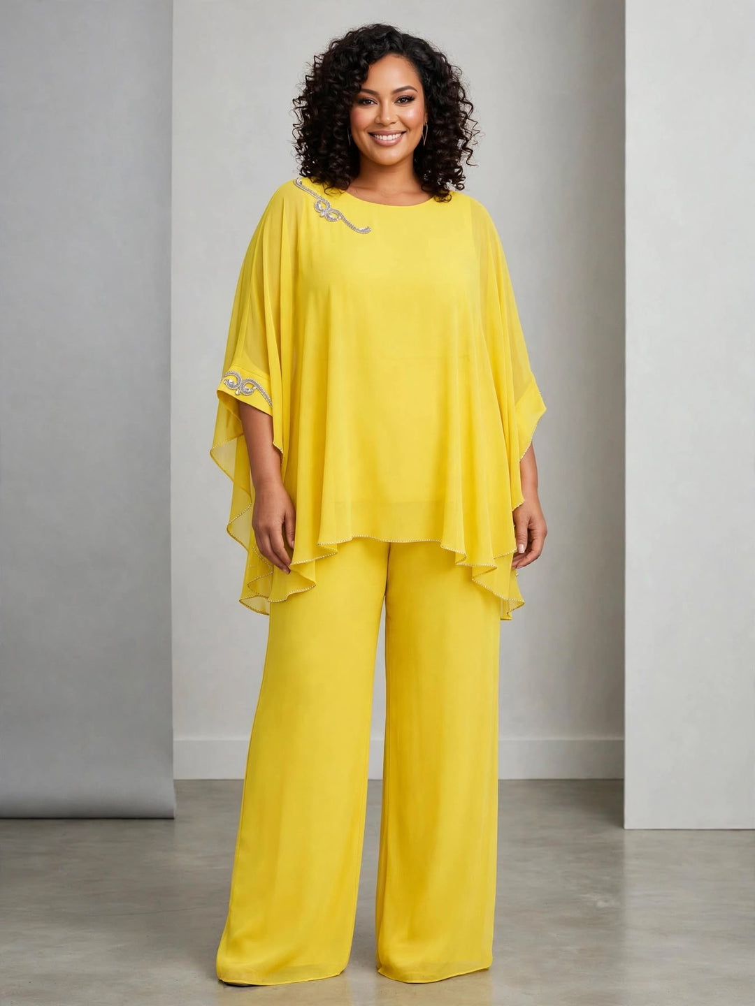 MERY LÒ - COMPLETO ELEGANTE COMPOSTO DA TUNICA IN CHIFFON CON MANICHE A PIPISTRELLO E RICAMI ARGENTATI SUL DÉCOLLETÉ E SUI POLSI,