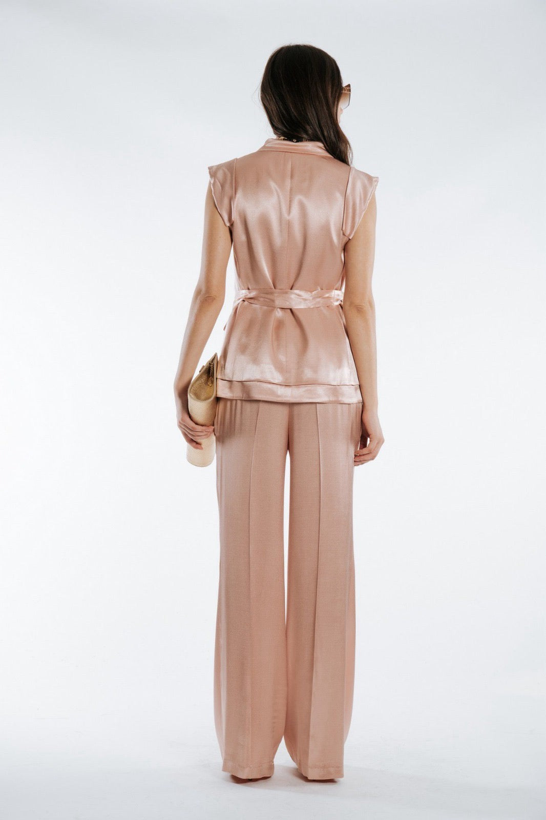 Completo Satin Rosa Cipria con Gilet e Pantalone Palazzo