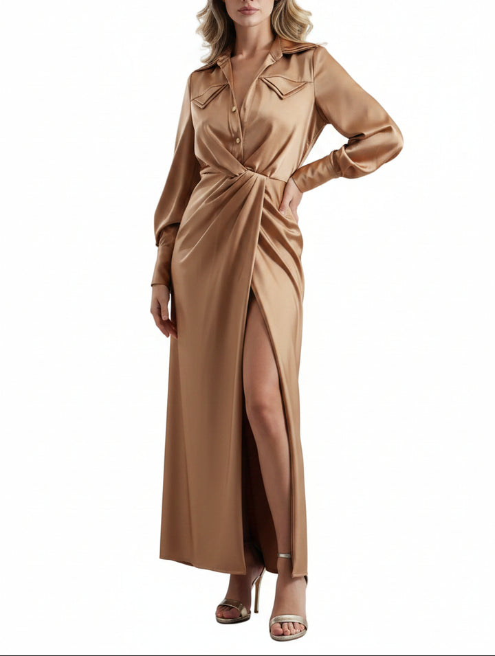 BABYLON - ABITO CAMICIA LUNGO IN RASO CON NODO FRONTALE