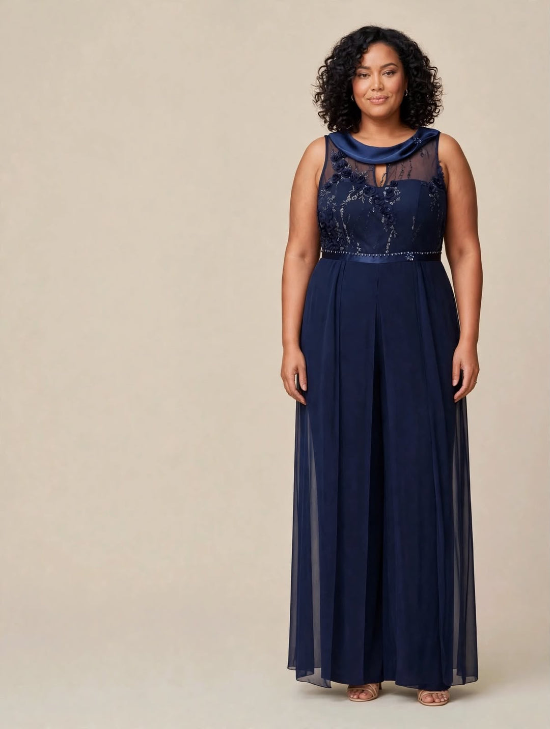 ANTONIO NOTARO - TUTA JUMPSUIT BLU NAVY CON CORPINO ILLUSION IN TULLE RICAMATO CON STRASS, CINTURA IN PERLINE E PANTALONE WIDE-LEG