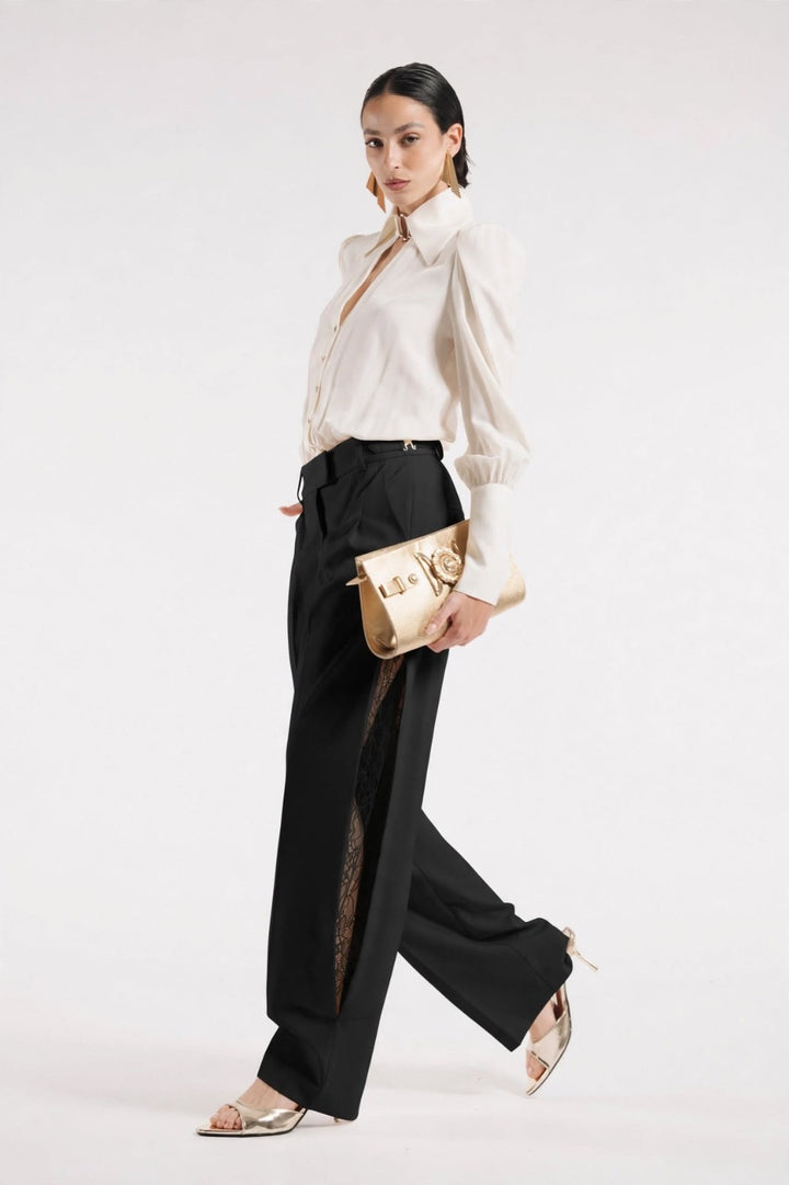 BABYLON - PANTALONI ELEGANTI CON SPACCO LATERALE CON PIZZO 63% POLIAMMIDE + 33%VISCOSA + 4% ELASTAN