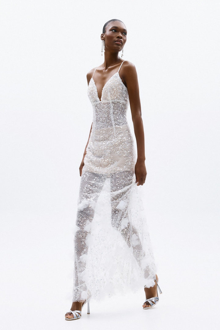 ALLURE - ABITO LUNGO TRASPARENTE CON PAILLETTES E PERLINE